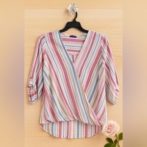 Elegant Striped V-Neck Blouse - Pink, Blue, and Cream